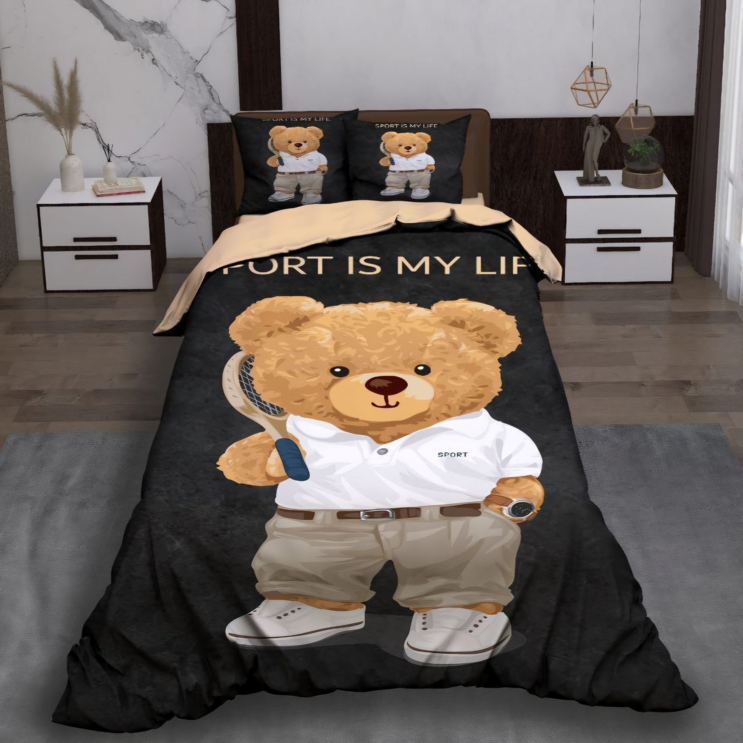 تدی teddy ست روتختی سه بعدی پارچه میکرو تنسل ترک یک نفره طرح تدی Teddy کد10006 - 4تکه - Image 1